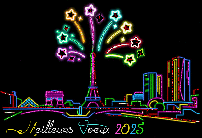 Gif animé de paillettes avec la ville de Paris et la tour eiffel, tout en couleurs, pour vos voeux de nouvel an.