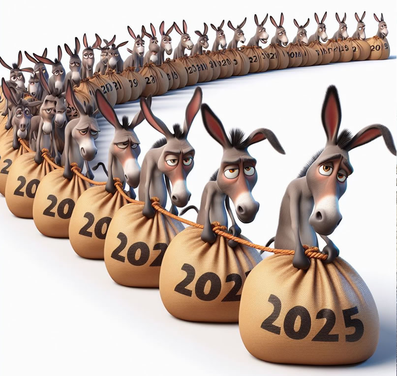 Image amusant 2023: Une file d'ânes porte la charge de chaque année