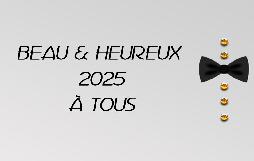 Image élégante avec noeud papillon, boutons dorés et inscription de voeux : beau et heureux 2025 a tous.