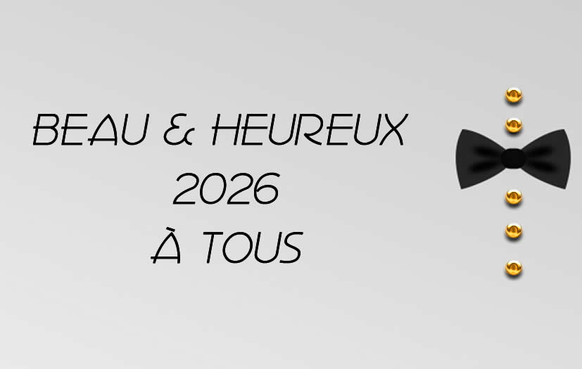 Image élégante avec noeud papillon, boutons dorés et inscription de voeux : beau et heureux 2026 a tous.