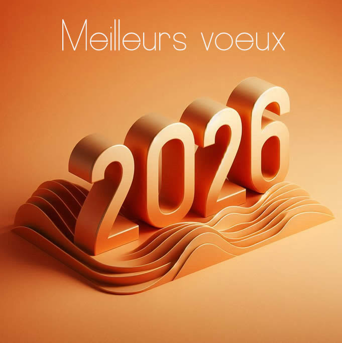 Image élégante avec la couleur principale orange. Un 2026 en 3D posé sur un podium et texte : Meilleurs Voeux