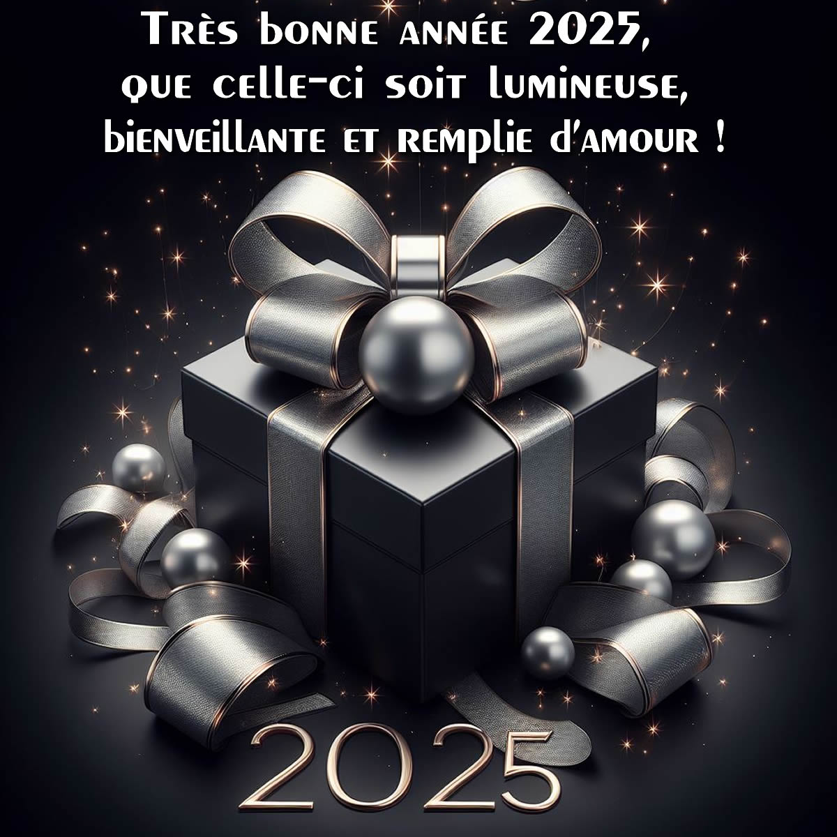 image avec des cadeaux emballés et un message de voeux de nouvel an