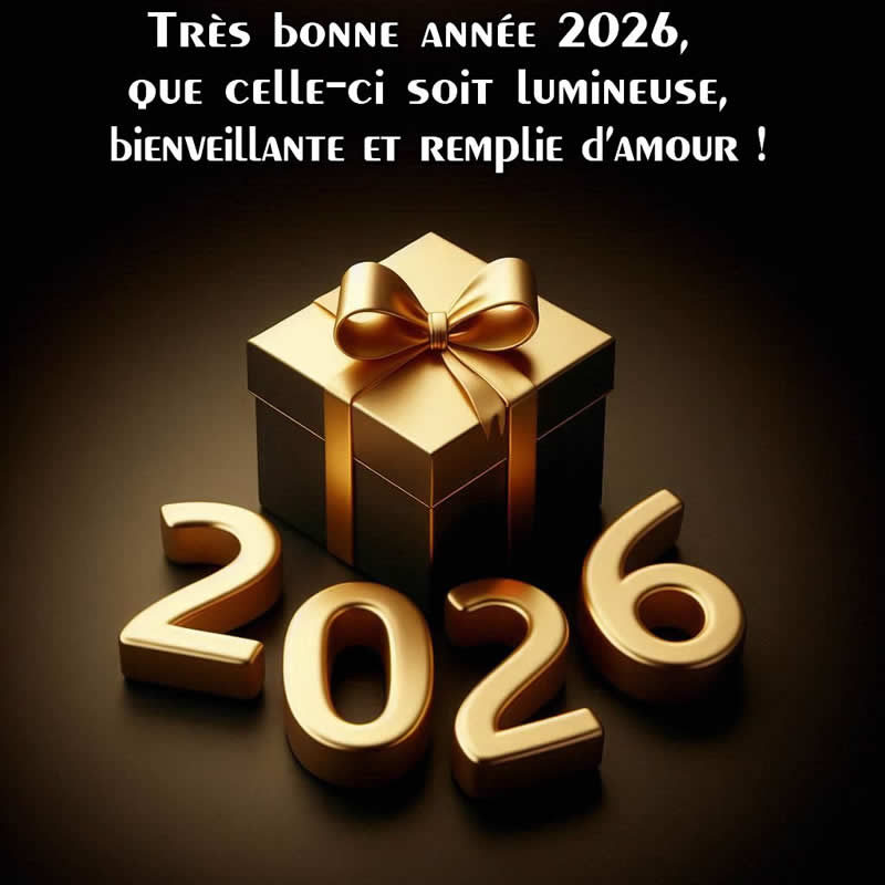 Carte de voeux Très Bonne Année 2026 avec cadeaux emballés et message chaleureux de bonheur et d’amour