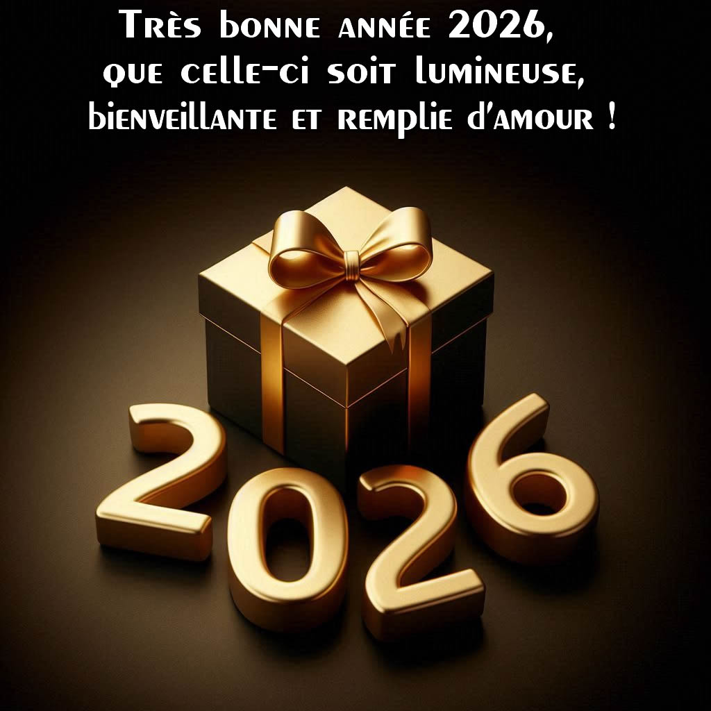 image avec des cadeaux emballés et un message de voeux de nouvel an
