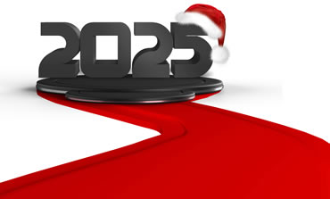 Image avec route menant à 2025 avec chapeau de père Noël.
