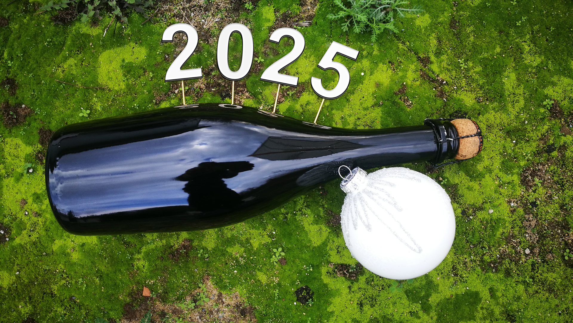 Photo sur un tapis de mousse verte avec une bouteille de champagne avec 2025