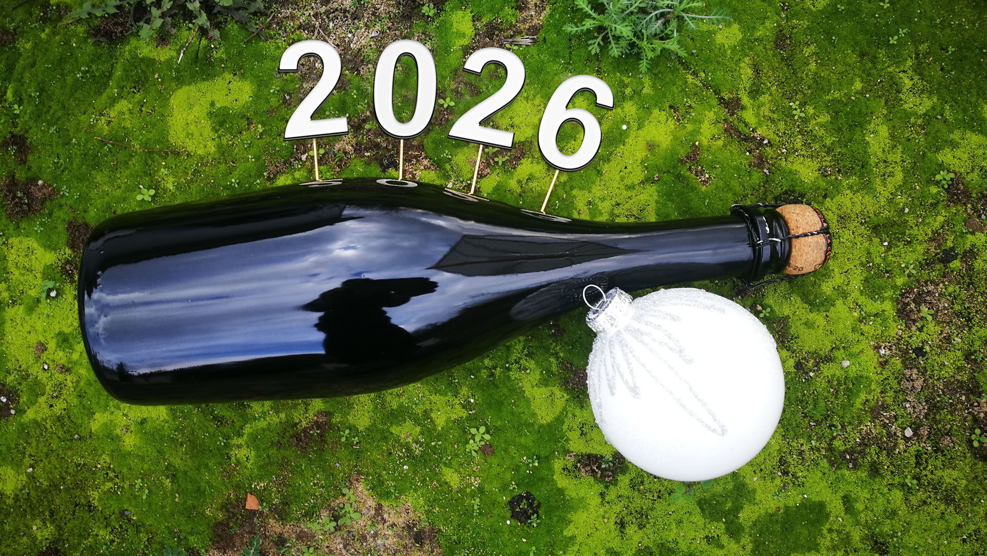 Photo sur un tapis de mousse verte avec une bouteille de champagne avec 2026