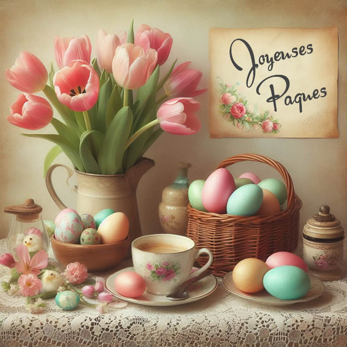 Image Joyeuses pâques avec oeufs et tulipes