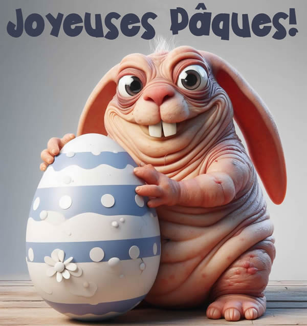 Image humoristique pour sourire un peu à Pâques, un lapin sans poils très laid vous souhaite de joyeuses Pâques.