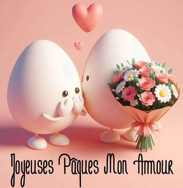 image avec Deux œufs de Pâques amoureux s’embrassant et un bouquet de fleurs surprend la fille.