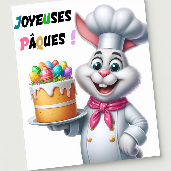 image avec lapin souriant avec un gâteau de Pâques avec des œufs décorés