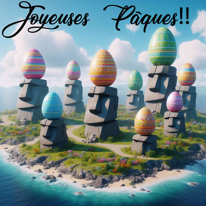 Image drôle avec des voeux doubles, Joyeuses Pâques de l’île de Pâques